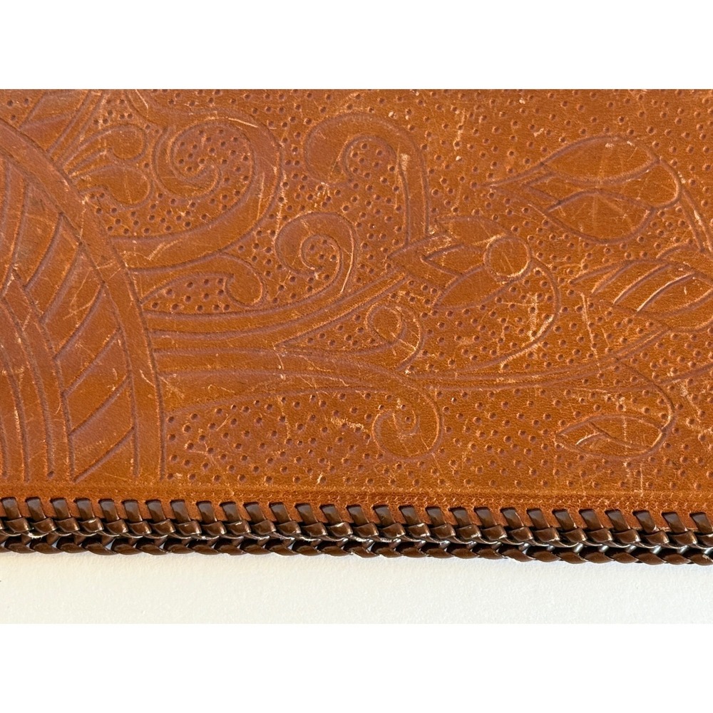 Vintage Tooled Leather Checkbook Wallet Brown Floral Design Hand Stitched - Picture 5 of 12